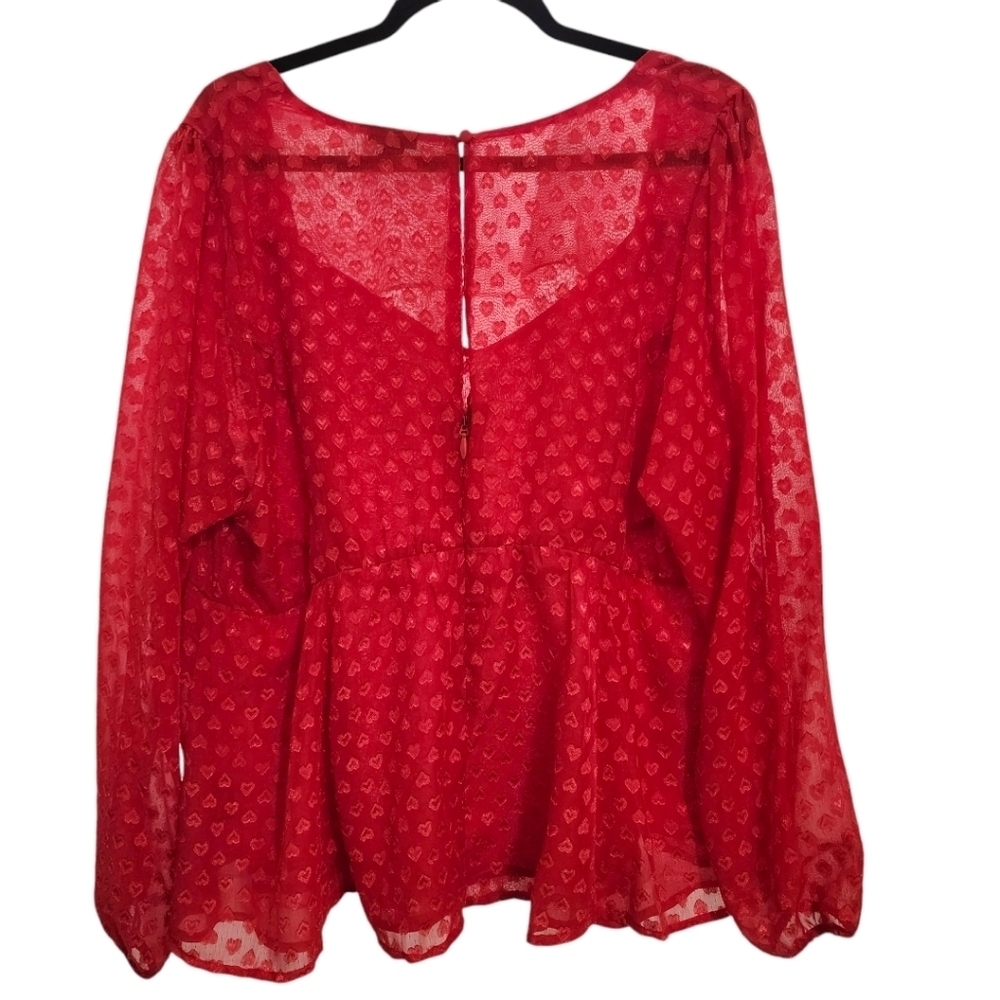Torrid Red Peplum Chiffon Heart Clip Dot Flowy Sheer Blouse, Size 2x - Picture 5 of 10